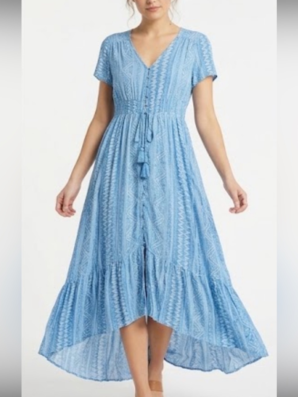 Shein light Blue V-Neck Button-Front Maxi Dress with Tassel Tie size large